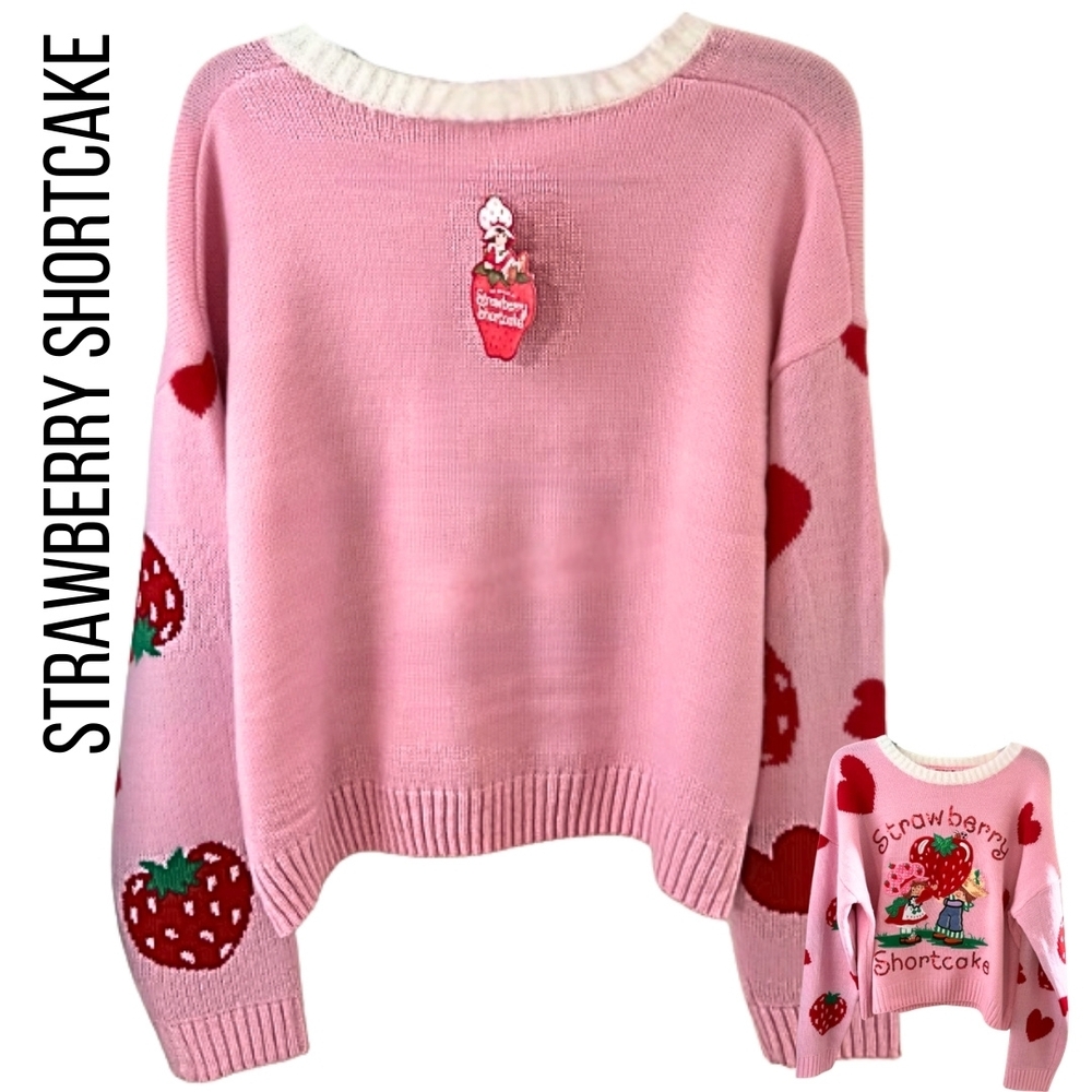 Cold Weather Strawberry Shortcake Pink Colorful Graphic Sparkle Sweater NEW - Picture 2 of 2